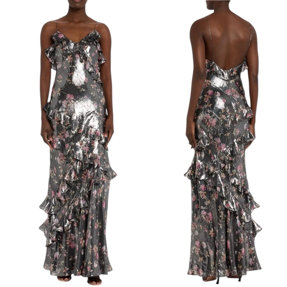 LoveShackFancy Silk Silver Floral Ruffle Maxi Formal Dress Size 6 NEW